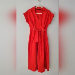 Halston Red Cuffed Sleeve Zip Front Midi Shirt Dress Size 6